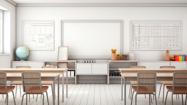 Interior of modern school classroom with empty white poster on wall