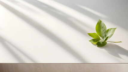 Minimal empty white wall background with green leaves and soft shadow in the wall