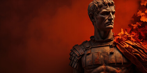 Statue of Roman Emperor Caesar Augustus on red background.