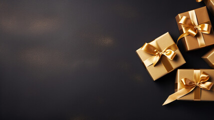 3 Golden gift boxes with gold satin ribbon on dark background. Top view of birthday gift with copy space, generative AI