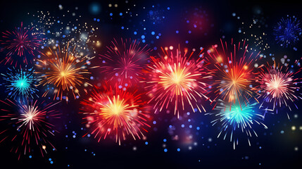 Fototapeta premium Abstract new year background with colorful fireworks and christmas lights. Festive illustration, generative AI