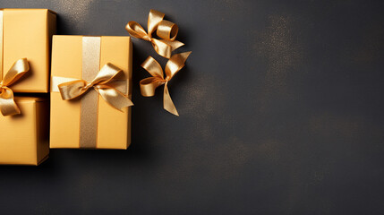 3 Golden gift boxes with gold satin ribbon on dark background. Top view of birthday gift with copy space, generative AI