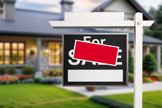 A fake sale sign on house background. rental scams, AI generated image