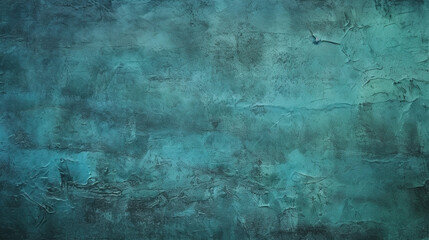 Obraz premium Dark green blue uneven texture. Painted old wall with plaster. Teal color. Grunge surface background for design. Rough brush strokes. Empty. Close-up, generative AI
