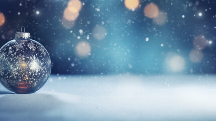 Fototapeta na wymiar Empty christmas bauble over the winter, snowy background with copy space, generative AI