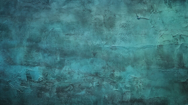 Dark green blue uneven texture. Painted old wall with plaster. Teal color. Grunge surface background for design. Rough brush strokes. Empty. Close-up, generative AI