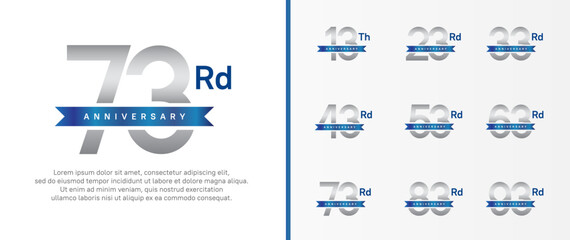 set of anniversary logo silver color number and blue ribbon on white background for celebration