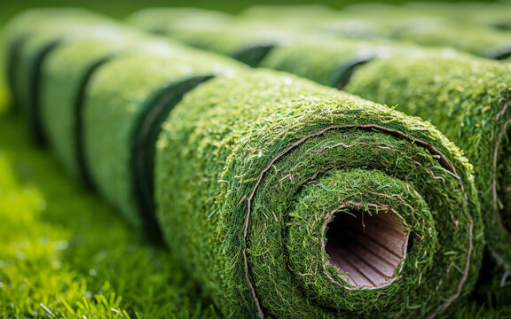 Defocused Rolls of green lawn grass on green grass background, close up. 