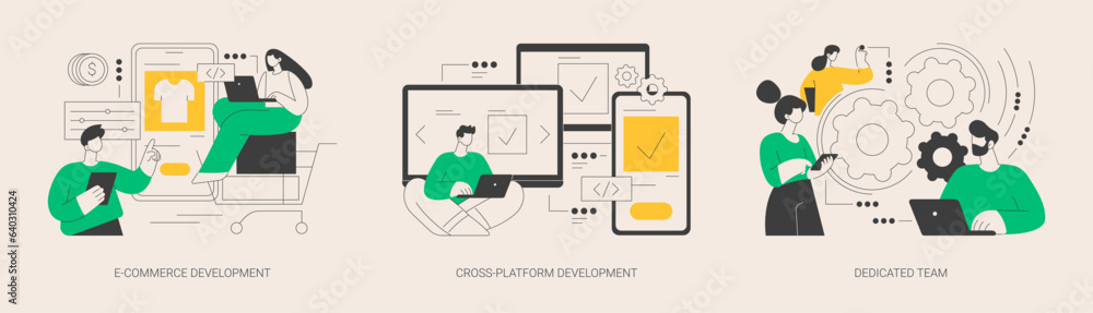 Poster remote developers team abstract concept vector illustrations.