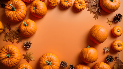 Fototapeta na wymiar maple leaves and gourds or pumpkins on orange background