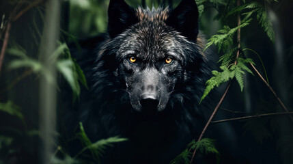 Close-up of a black wolf in the woods looking through bushes with a mystical expression