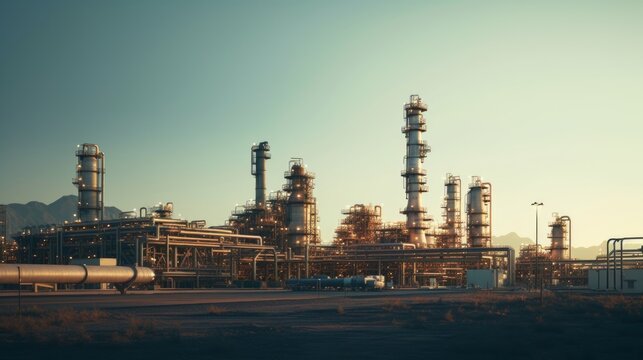 Oil refinery with clear skies and evening sun. Rafinery pipelines and chimneys against clear sky.