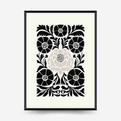 Abstract dark floral posters template. Modern trendy Matisse minimal style. Black and white colors. Hand drawn design for wallpaper, wall decor, print, postcard, cover, template, banner.