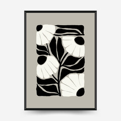 Abstract dark floral posters template. Modern trendy Matisse minimal style. Black and white colors. Hand drawn design for wallpaper, wall decor, print, postcard, cover, template, banner. © KozyPlace