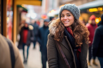 Fashionable woman in a coat and cap smiling peacefully in a street marketplace during winter