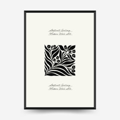Abstract dark floral posters template. Modern trendy Matisse minimal style. Black and white colors. Hand drawn design for wallpaper, wall decor, print, postcard, cover, template, banner.