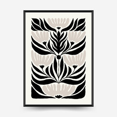 Abstract dark floral posters template. Modern trendy Matisse minimal style. Black and white colors. Hand drawn design for wallpaper, wall decor, print, postcard, cover, template, banner.