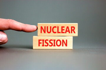 Nuclear fission symbol. Concept words Nuclear fission on beautiful wooden blocks. Beautiful grey...