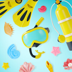 3d Scuba Diving Learn to Dive with Us Concept Background Cartoon Style. Vector illustration of Diving Equipment