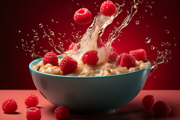 A Bowl of porridge musli oatmeal with berries, and raspberries falling into the bowl causing a splash. Gourmet photography in movement. - obrazy, fototapety, plakaty
