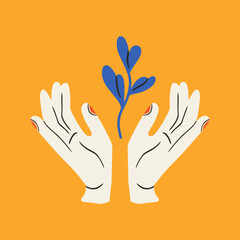 Illustration of hands, plants and abstracts. Unique print in boh style. Perfect for poster or postcard template, trendy t-shirt design.