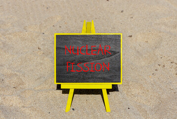 Nuclear fission symbol. Concept words Nuclear fission on beautiful black chalk blackboard....