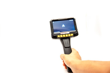 Right Asian hand holding endoscope camera with dual lens isolated on white background, sewer snake...