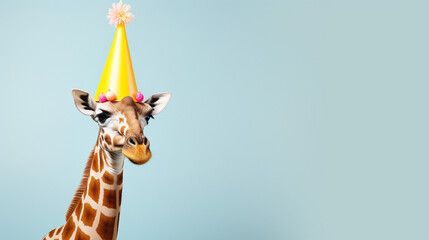 Fototapety  Cute giraffe with birthday hat on background, copy space, generative AI