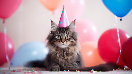 Cute maine coon with birthday hat and with birthday balloons on background, copy space, generative AI