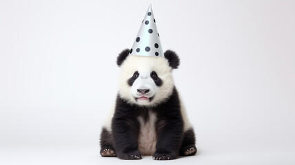 Cute panda with birthday hat on white background, copy space, generative AI
