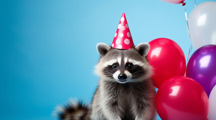 Fototapeta na wymiar Cute raccoon with birthday hat and with birthday balloons on background, copy space, generative AI
