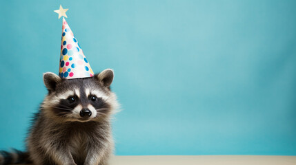 Cute raccoon with birthday hat on background, copy space, generative AI - obrazy, fototapety, plakaty