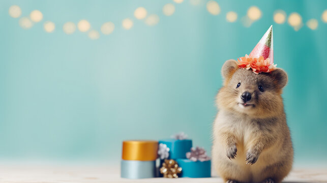 Cute quokka with birthday hat on background, copy space, generative AI