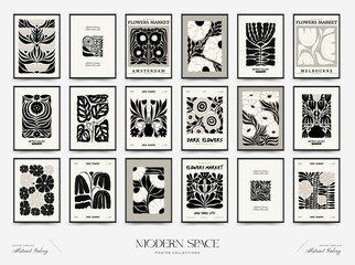 Abstract dark floral posters template. Modern trendy Matisse minimal style. Black and white colors. Hand drawn design for wallpaper, wall decor, print, postcard, cover, template, banner.