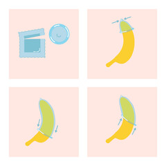 Conceptual instructions for the use of condoms, using the example of a banana. Vector illustration