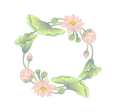 Pink lotus flowers and green big leaves Round hand drawn botanical frame isolated on white background for wedding invitation card decoration