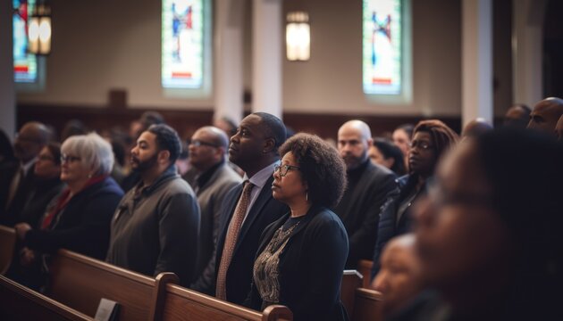 Photo of people sitting in pews in a church