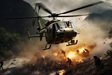 Foto op Plexiglas Action shot with helicopter hovering in the air over flame and explosions. Dynamic scene in action movie blockbuster style © swillklitch