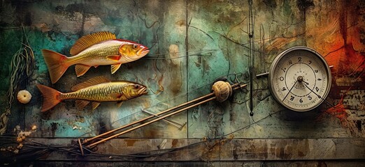 a wooden board with fishing gear, fish and fish fishing map, in the style of painterly texture, absinthe culture, macro perspectives, rusty debris, liquid metal, made with Generative AI