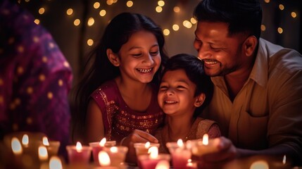 Obraz na płótnie Canvas Indian family smiles happily sitting at table with lit candles closeup. Father, son and daughter rejoice at religious festival of light. Joyful Indian people celebrate together on blurred background