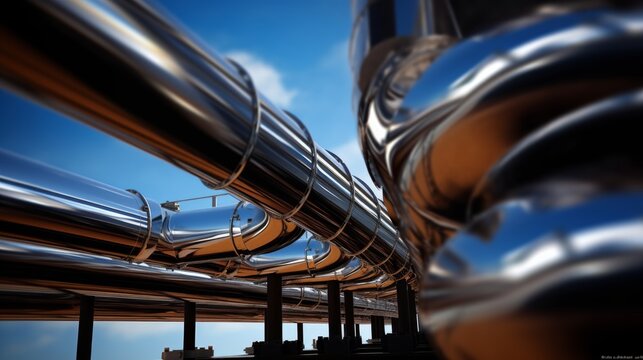 Oil and gas rafinery pipline. Industrial pipes in sunny weather. Background for news or webstite.