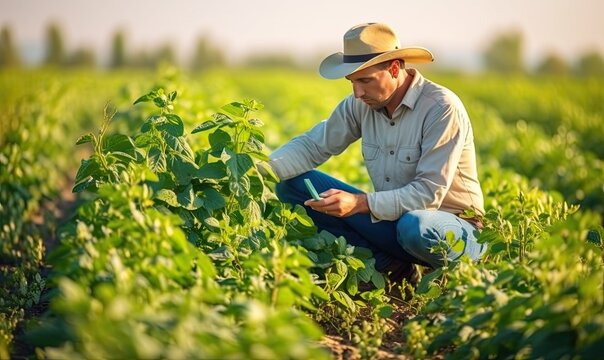 An agronomist inspects crops growing in a farmer's field. Concept of agricultural production. A young agronomist studies the soybean crop in the field in summer. Farmer, made with Generative AI