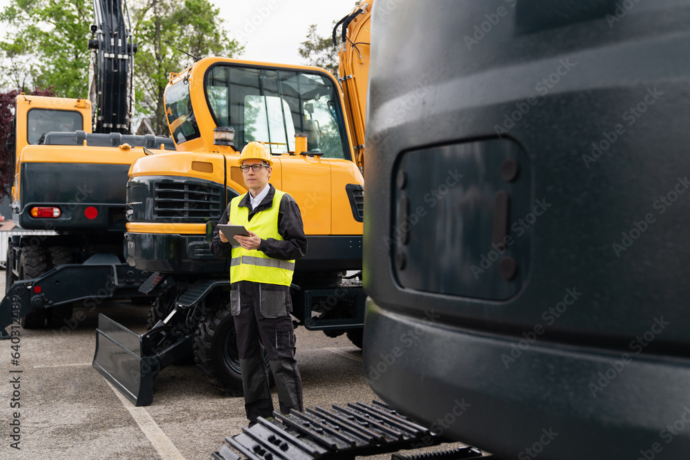 Poster engineer in a helmet with a digital tablet stands next to construction excavators.