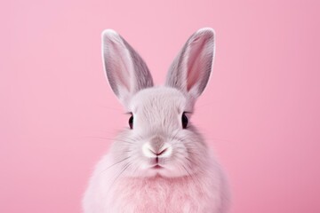 Portrait of a cute pink Easter bunny on a pastel pink background with copy space.