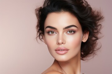 Fototapeta premium Beauty portrait of a young Caucasian girl with well-groomed skin on a soft pink pastel background.