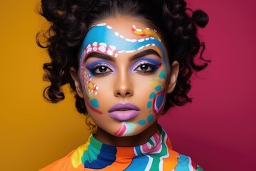 Creative portrait of a young Spanish girl with art makeup on a colorful background.