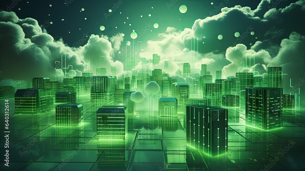 Poster Concept of a digital city with cloud connections. Futuristic network in the clouds.