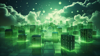 Concept of a digital city with cloud connections. Futuristic network in the clouds.