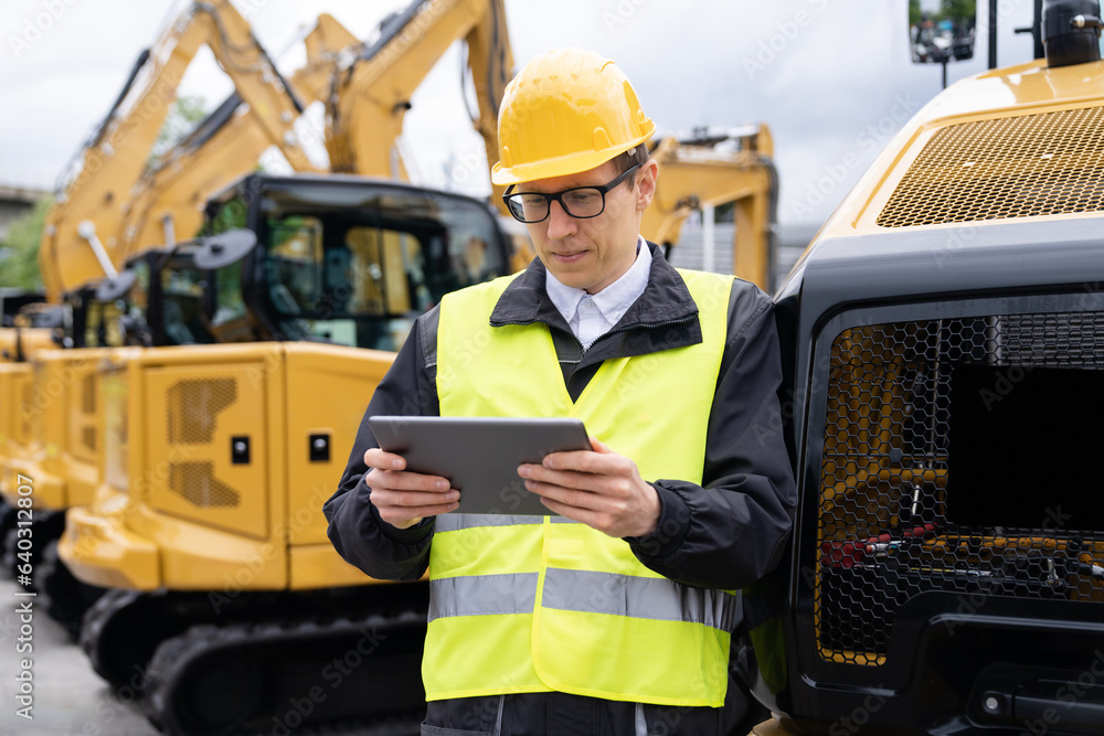 Poster engineer in a helmet with a digital tablet stands next to construction excavators.
