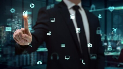 
Young Male Financial Broker in Suit Using Virtual Reality or Working In AR at Workplace. Businessman Using Augmented Reality to Check Economic Data. Finance Holographic Animations - Powered by Adobe